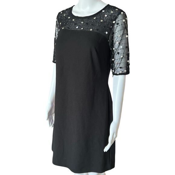 Nina Leonard Sz S Dress Black Crepe Midi Beaded Sheer Short Sleeve Round Neck - Picture 1 of 14